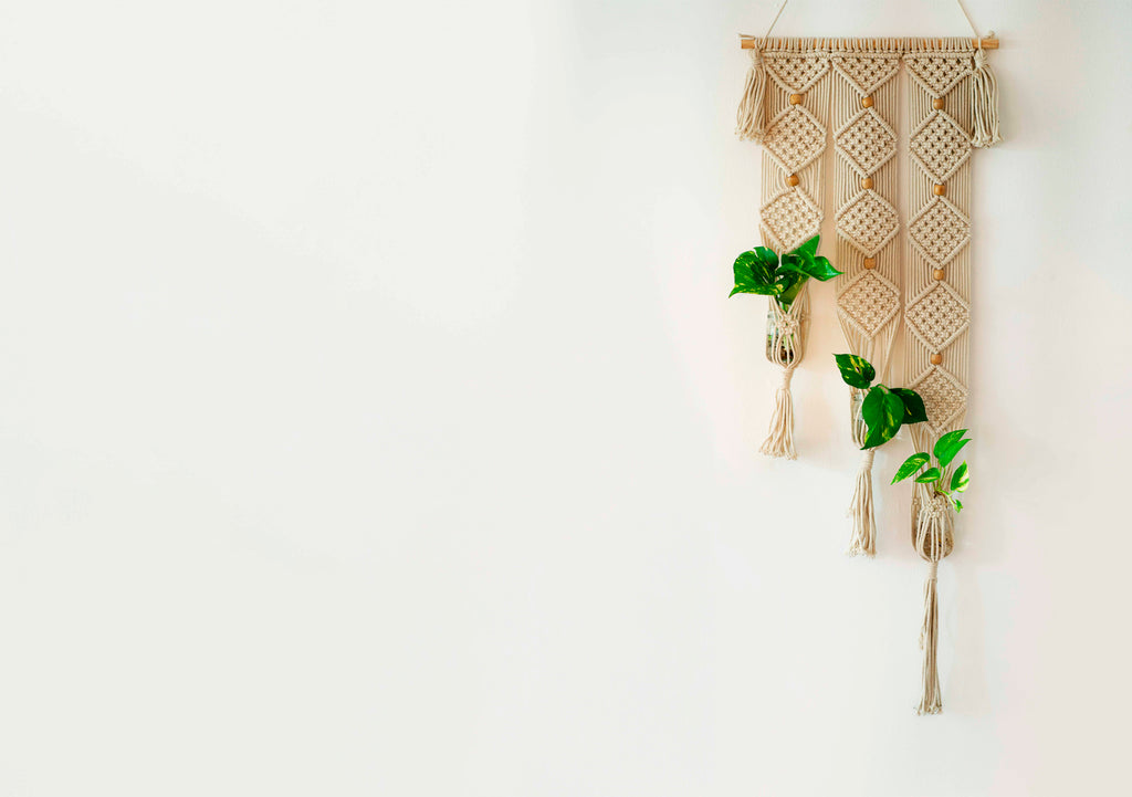Suporte de plantas em macramé, com encaixe para três frasquinhos com mudas de plantas de interior, num fundo branco.